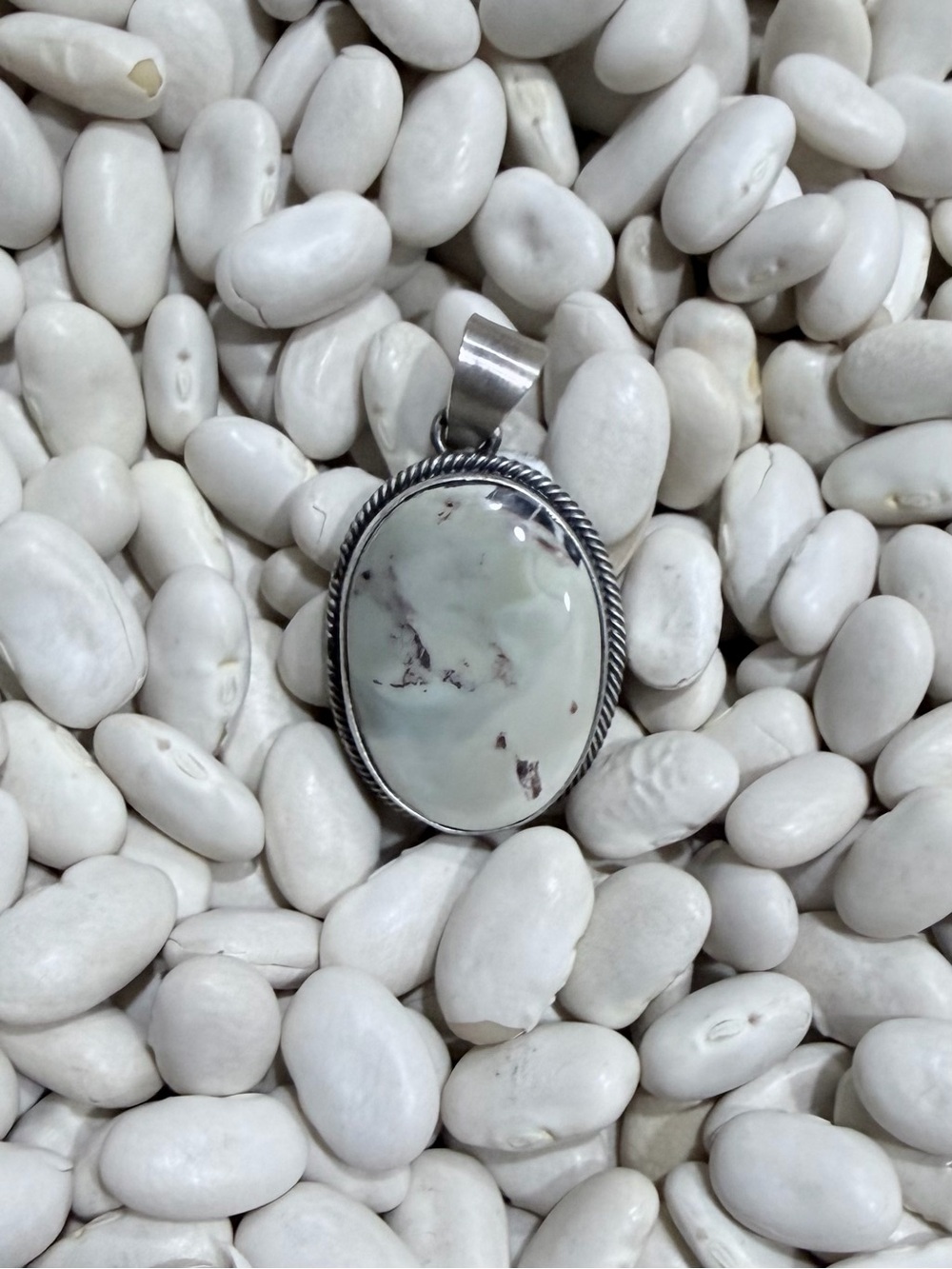 Native made Scott Skeets Sterling Silver Dry Creek Oval Stone Pendant